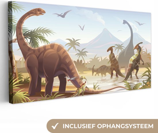 Canvas Schilderij Dinosaurus - Landschap - Tropisch - Kinderen - Jongens - Wanddecoratie