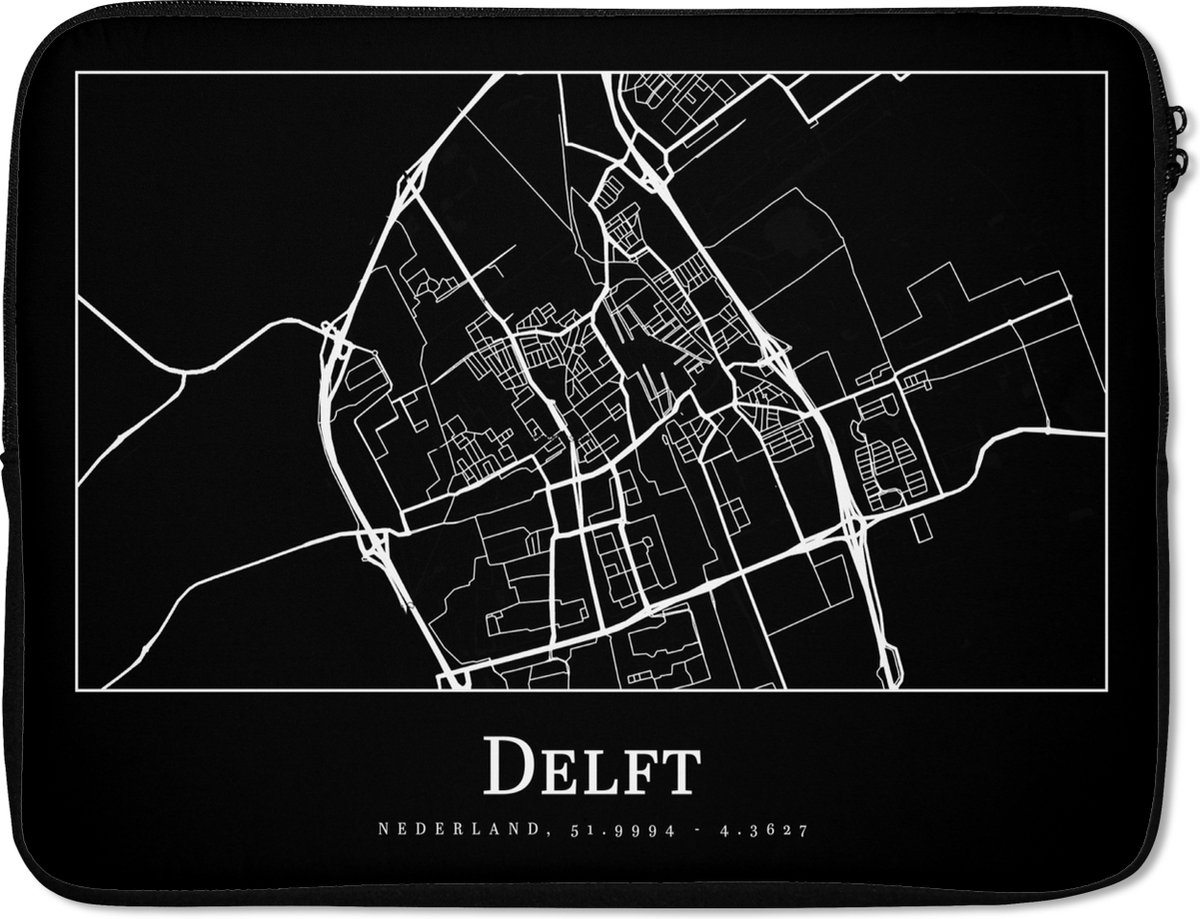 Laptophoes 17 inch - Kaart - Delft - Plattegrond - Stadskaart - Laptop sleeve - Binnenmaat 41x28 cm - Zwarte achterkant - Stadskaart