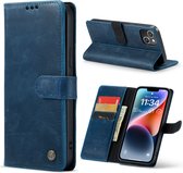 Apple iPhone 14 Casemania Case Vintage Blauw - Étui portefeuille en cuir véritable fait à la Handgemaakt