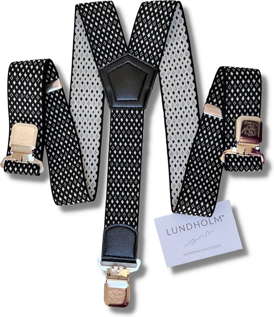 Lundholm Bretelles hommes adultes noir blanc motif 3 clips - extra robuste de haute qualité - design scandinave - astuce cadeau homme | Série Lundholm Bastad