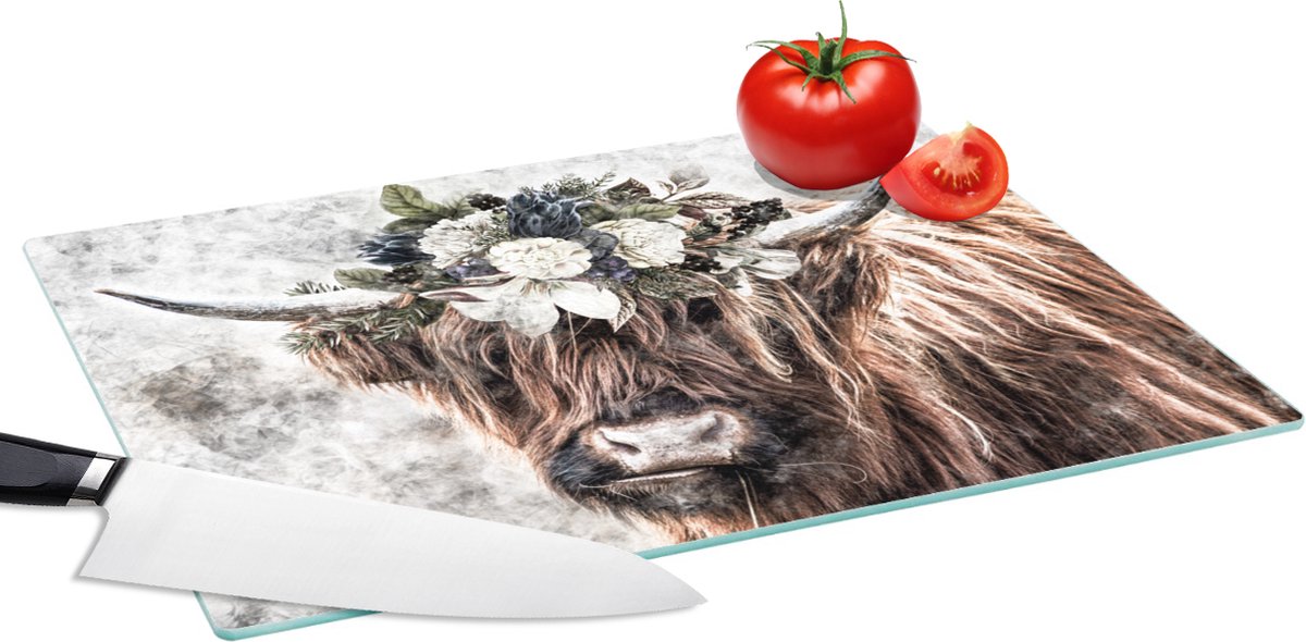 Glazen Snijplank - 39x28 - Schotse hooglander - Rook - Flora - Snijplanken Glas