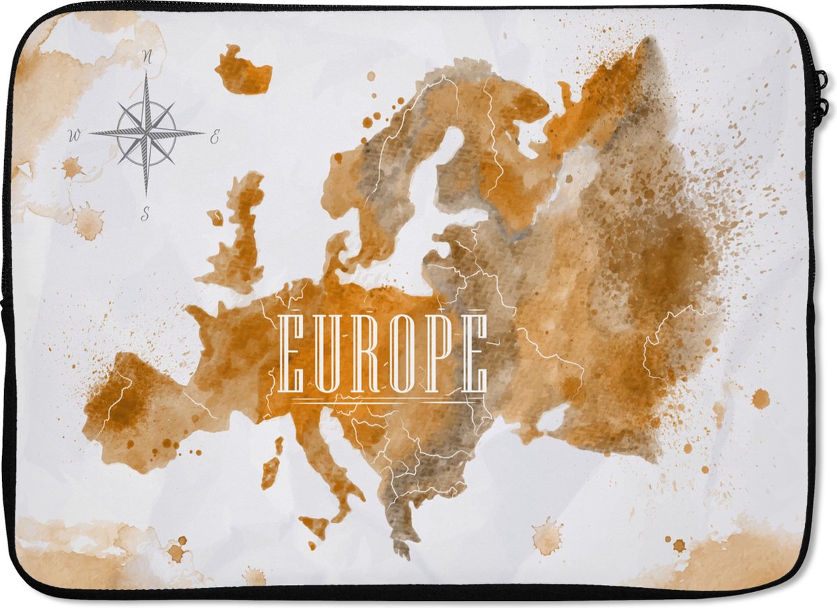 Laptophoes 14 inch - Wereldkaart - Europa - Kleur - Laptop sleeve - Binnenmaat 33x23 cm - Zwarte achterkant
