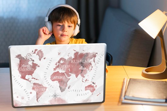 Sticker pour ordinateur portable - 15,6 pouces - Wereldkaart - Peinture - Rose