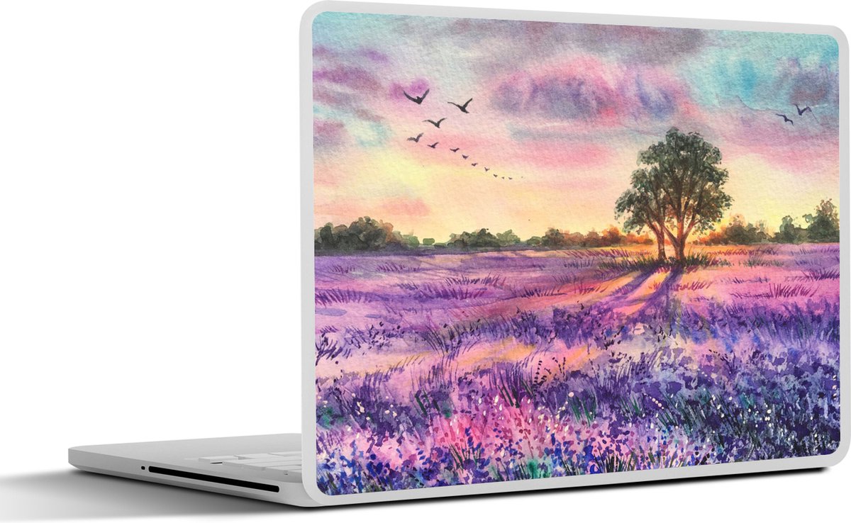 Laptop sticker - 17.3 inch - Lavendel - Verf - Vogels - Bomen - Paars - 40x30cm - Laptopstickers - Laptop skin - Cover