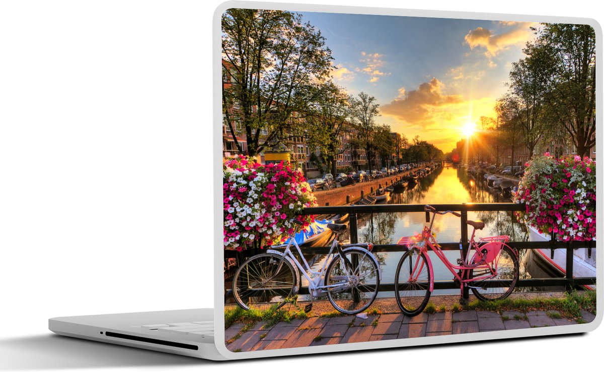 Laptop sticker - 14 inch - Amsterdam - Bloemen - Brug - Fiets - Zonsondergang - 32x5x23x5cm - Laptopstickers - Laptop skin - Cover