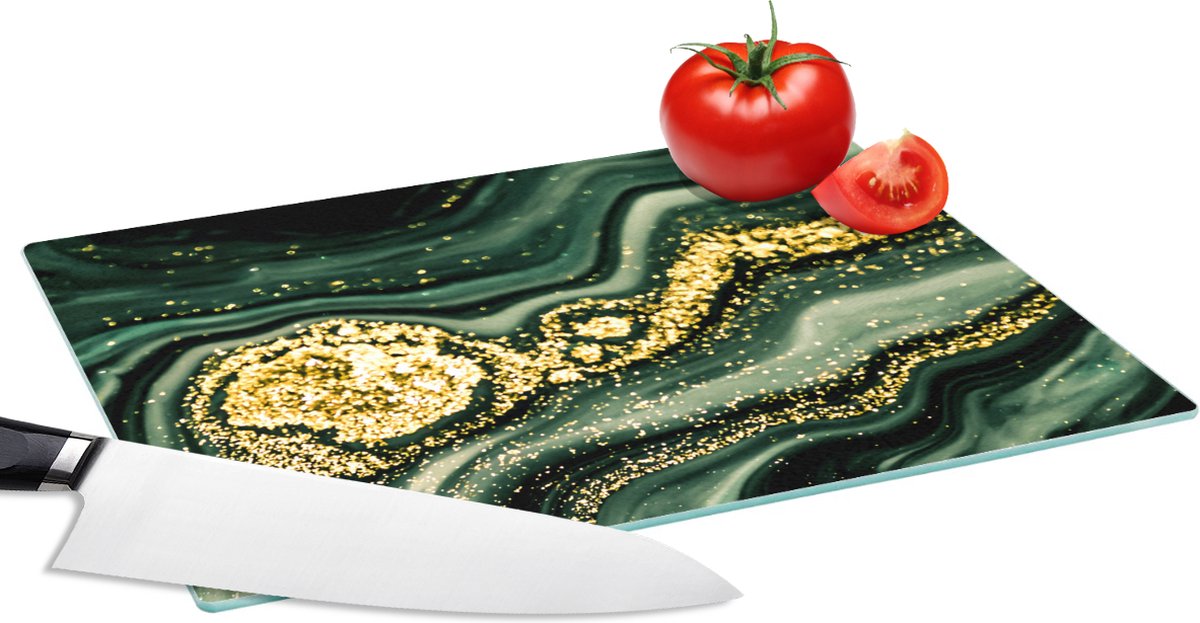 Glazen Snijplank - 28x20 - Marmer - Goud - Glitter - Groen - Marmerlook - Luxe - Snijplanken Glas
