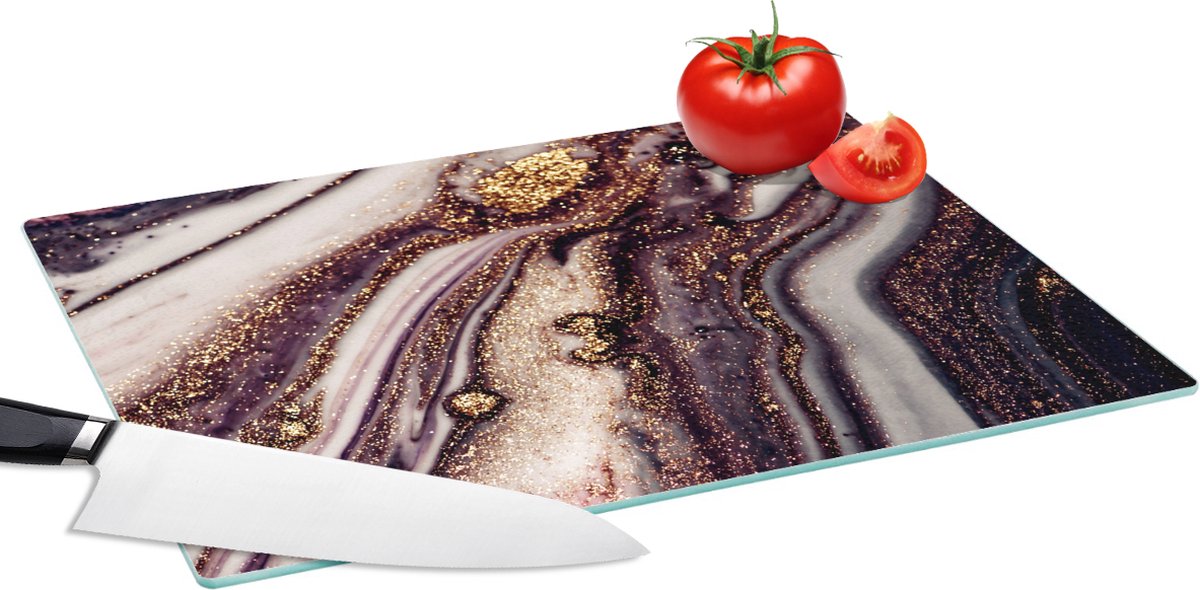 Glazen Snijplank - 39x28 - Marmer - Roze - Goud - Glitter - Marmerlook - Snijplanken Glas