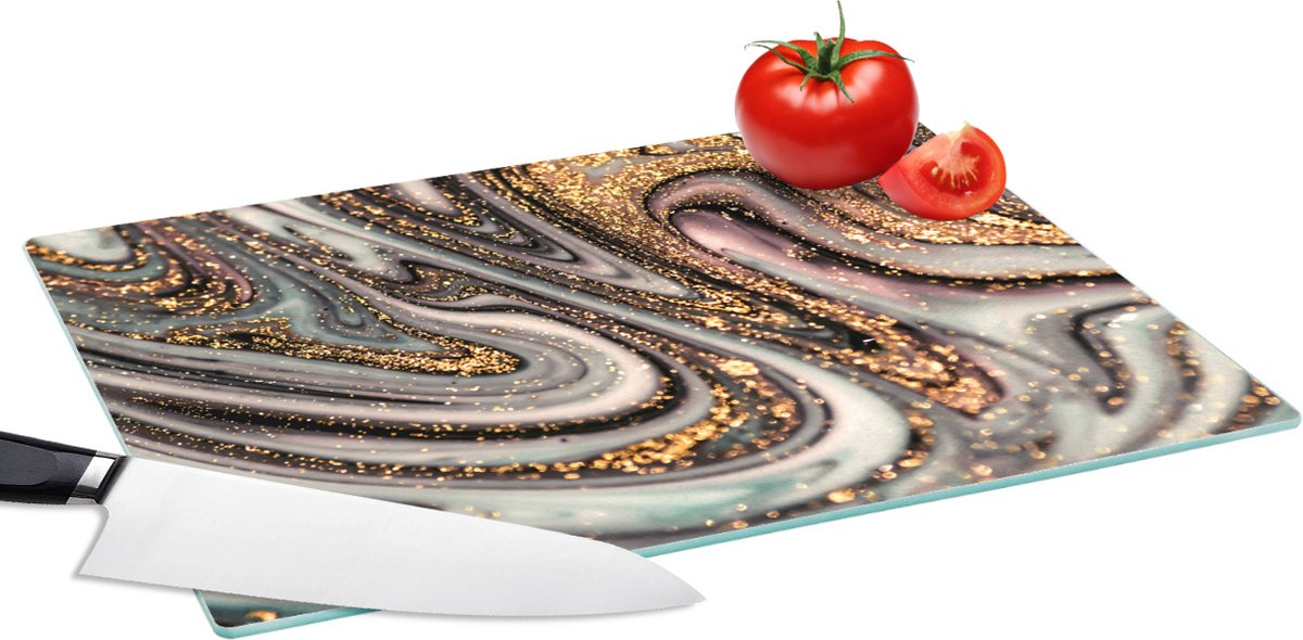 Glazen Snijplank - 39x28 - Marmerlook - Goud - Glitter - Luxe - Marmer - Wit - Snijplanken Glas