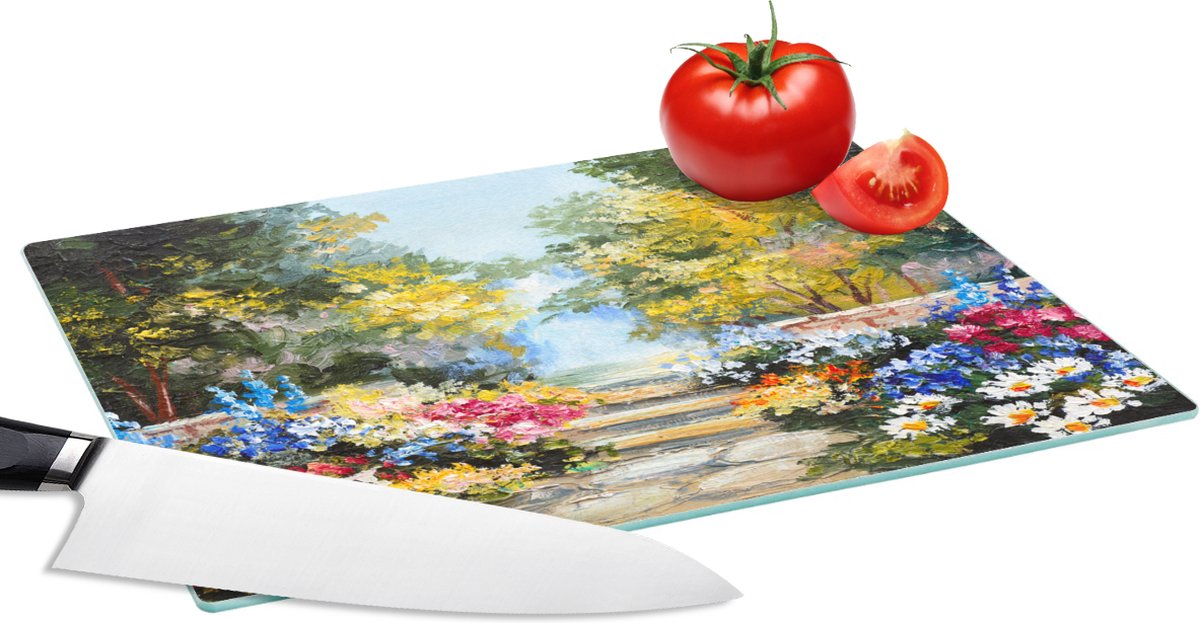 Glazen Snijplank - 28x20 - Schilderij - Bloemen - Natuur - Olieverf - Snijplanken Glas