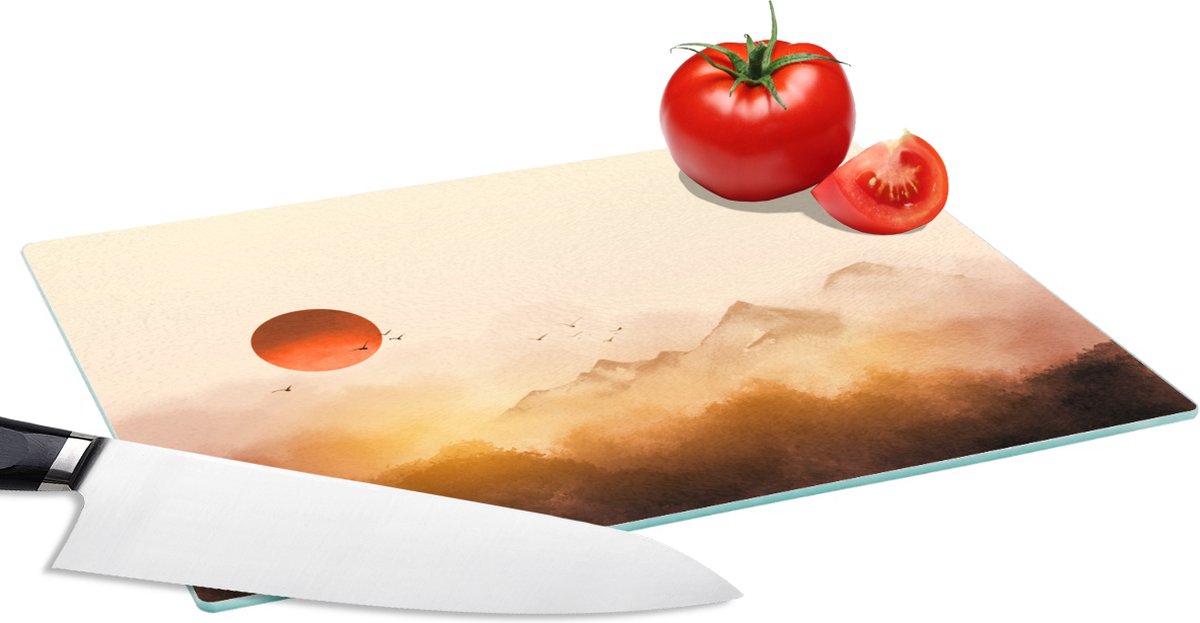 Glazen Snijplank - 28x20 - Schilderij - Zon - Landschap - Vogels - Snijplanken Glas
