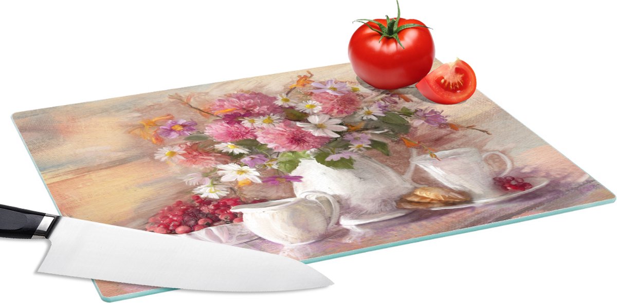 Glazen Snijplank - 39x28 - Schilderij - Bloemen - Vaas - Olieverf - Snijplanken Glas