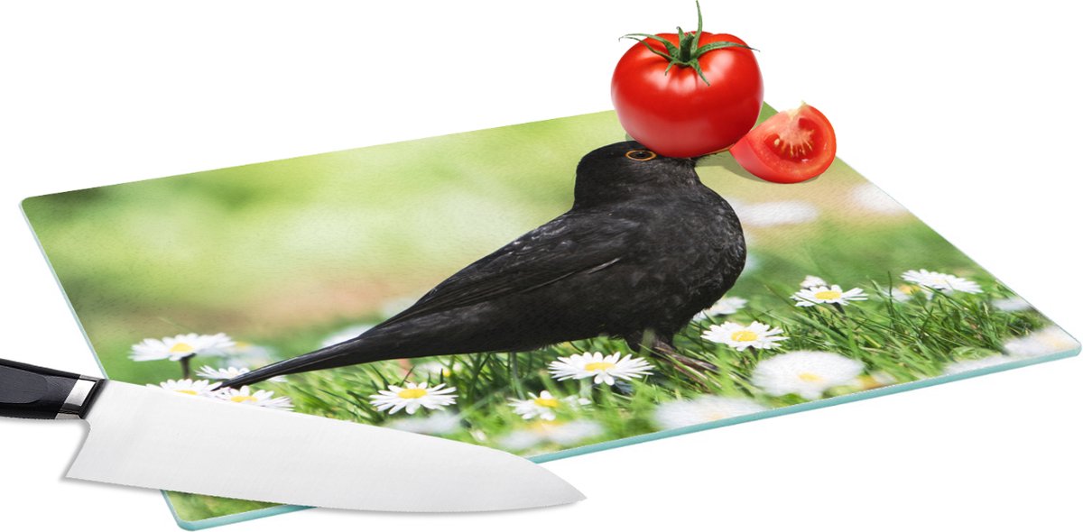 Glazen Snijplank - 39x28 - Vogel - Merel - Bloemen - Snijplanken Glas