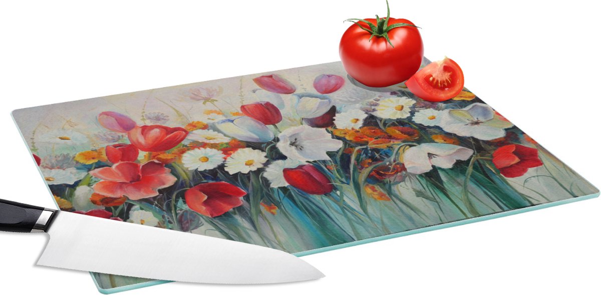 Glazen Snijplank - 39x28 - Schilderij - Olieverf - Bloemen - Snijplanken Glas