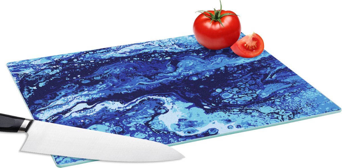 Glazen Snijplank - 39x28 - Marmer - Blauw - Waterverf - Snijplanken Glas