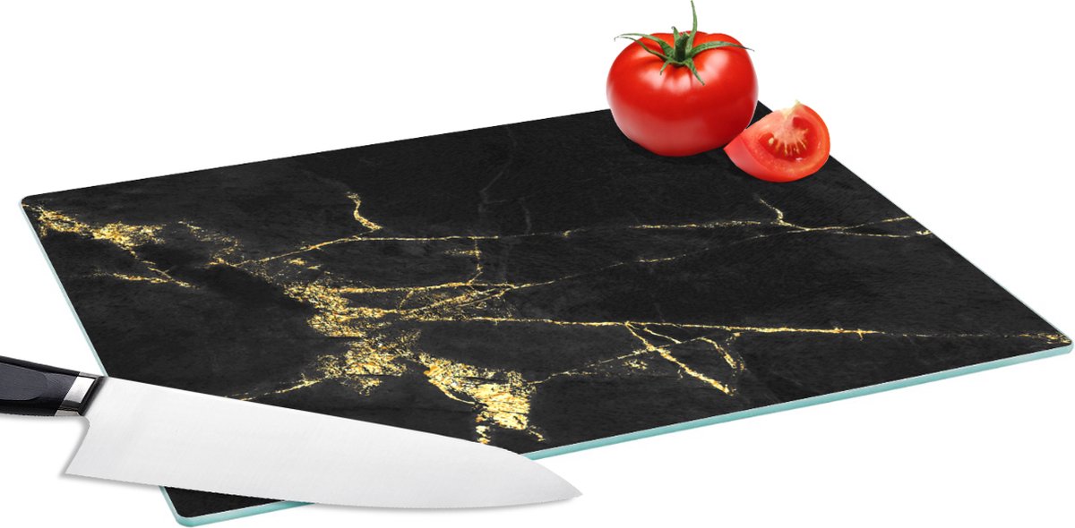 Glazen Snijplank - 39x28 - Marmer - Zwart - Goud - Luxe - Snijplanken Glas