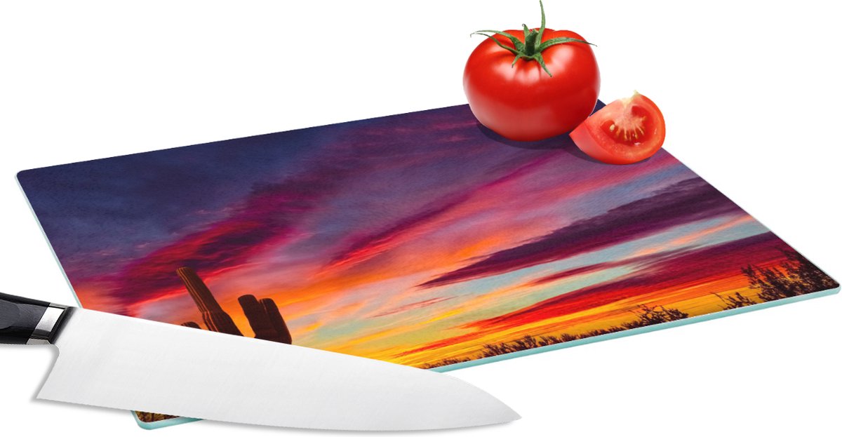 Glazen Snijplank - 28x20 - Cactus - Lucht - Zonsondergang - Paars - Roze - Snijplanken Glas