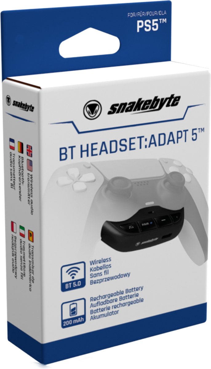 snakebyte PS5 BT Headset:Adapter 5 - Adaptateur Bluetooth Playstation 5  pour Casque Audio BT 5.0, Airpods, Casque Audio Sony/Bose, avec 18 Heures