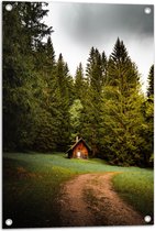 WallClassics - Tuinposter – Klein Houten Hutje bij Bomen - 50x75 cm Foto op Tuinposter  (wanddecoratie voor buiten en binnen)