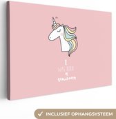 Toile peinture enfants - Décoration murale chambre d'enfant - Unicorn - Je suis né licorne - Citations - Rose - Proverbes - Décoration murale filles - Canvasdoek enfants - 90x60 cm