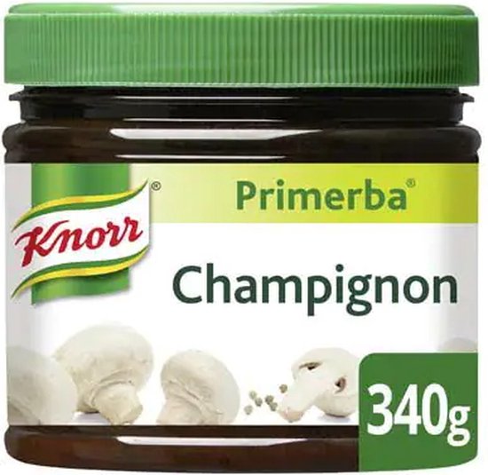 Knorr Primerba Champignon 340g pot met groene deksel en afbeelding van champignons.