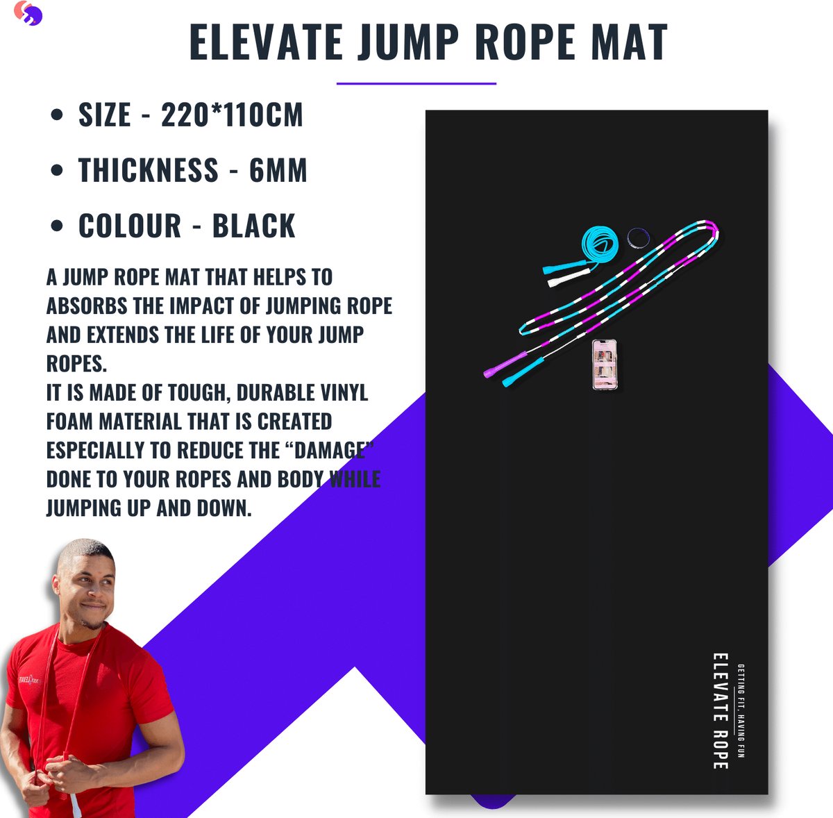 Jump Rope Mat Elevate (Black) Springtouw Mat - Workout Mat - Fitness Mat - Yoga Mat - Kingsize Sport Mat voor diverse doeleinden