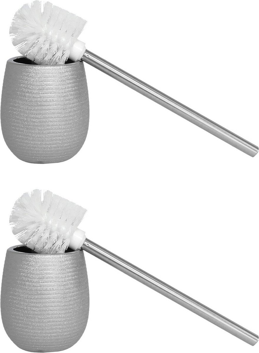 Berilo WC/Toiletborstels in houder - 2x stuks - zilver polystone 40 cm