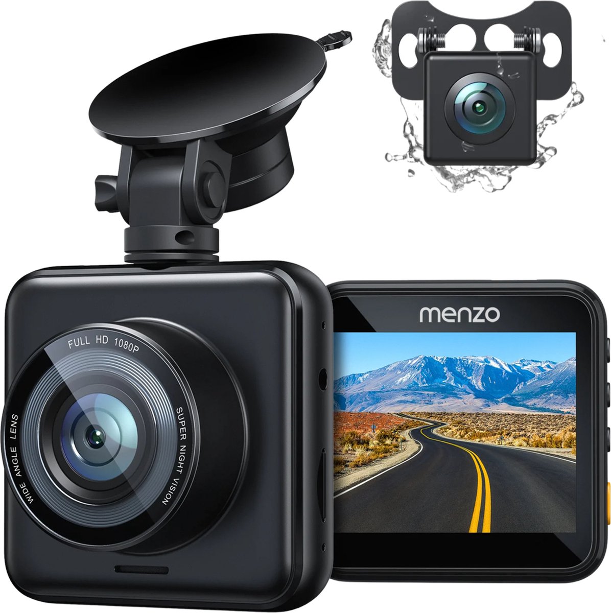 Menzo Dual Dashcam voor Auto - Auto Camera Voor en Achter - Full HD - Nachtvisie - Parkeerstand met ingebouwde G-sensor - Inclusief batterij - 170° Wijdhoeklens - Mini - Support 128 GB