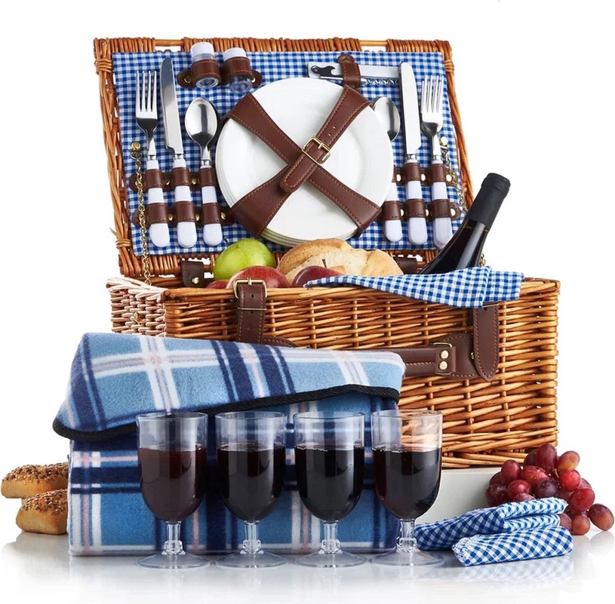 eGenuss Rieten Picknickmand voor 4 Personen met Isothermisch Compartiment en Accessoires - Rood en Wit Geruit, 47 x 36 x 20 cm