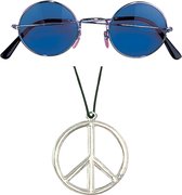 Toppers in concert - Widmann - Hippie Flower Power verkleed set peace ketting en ronde blauwe glazen party bril