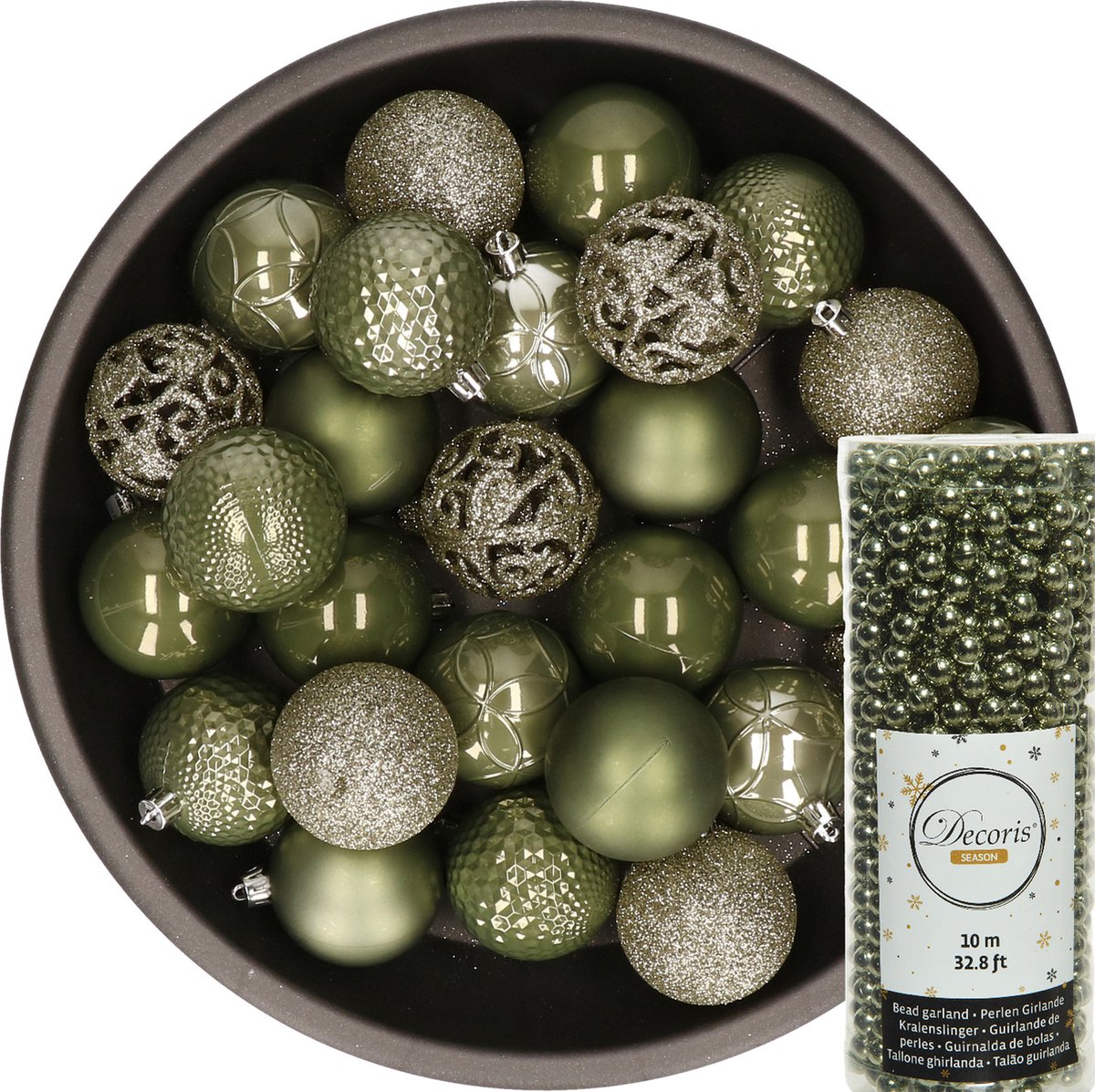 Decoris Kerstballen - 37x stuks - 6 cm - incl. kralenslinger - mosgroen - kunststof