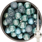Decoris Kerstballen 37x stuks - 6 cm - ijsblauw - kunststof - incl. glazen piek mat zilver