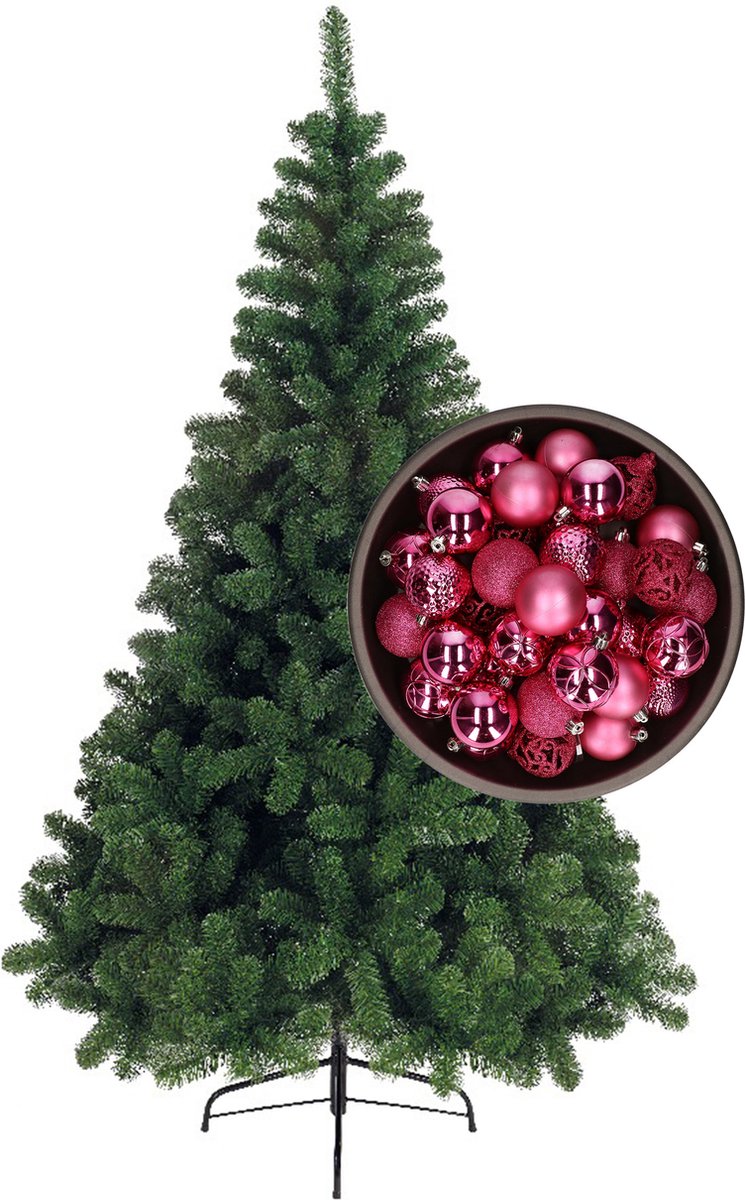 Bellatio Decorations kerstboom H210 cm - met kerstballen fuchsia roze