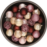 Kerstballen 37x stuks - roze/donkerrood/champagne - 6cm - kunststof