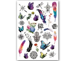 foto van Temporary Tattoo Vlinders/Veren/Natuur (A5 formaat) [Neptattoo - Tijdelijke tatoeage - Nep Fake Tattoos - Water overdraagbare festival sticker henna outfit tattoo - Glitter tattoo - Volwassenen Kinderen Jongen Meisje]