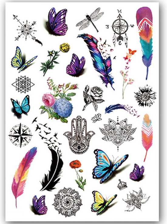 Foto: Temporary tattoo vlinders veren natuur a5 formaat neptattoo tijdelijke tatoeage nep fake tattoos water overdraagbare festival sticker henna outfit tattoo glitter tattoo volwassenen kinderen jongen meisje 