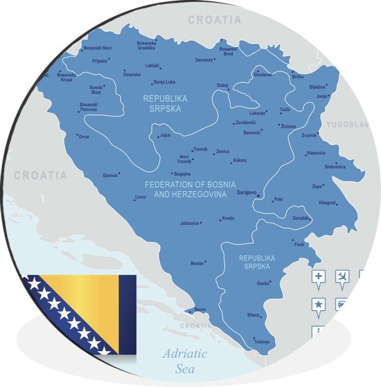 WallCircle - Wandcirkel - Muurcirkel - Illustratie van Bosnië en Herzegovina in het blauw - Aluminium - Dibond - ⌀ 30 cm - Binnen en Buiten