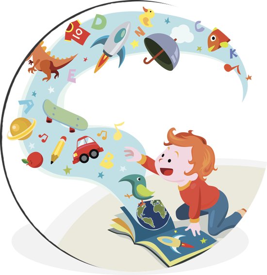 Illustration pour enfants d'un petit garçon lisant un livre Cercle mural aluminium ⌀ 90 cm - tirage photo sur cercle mural / cercle vivant / cercle de jardin (décoration murale)