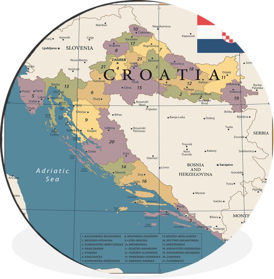 WallCircle - Wandcirkel - Muurcirkel - Kaart van Kroatië met de provincies en steden - Aluminium - Dibond - ⌀ 30 cm - Binnen en Buiten
