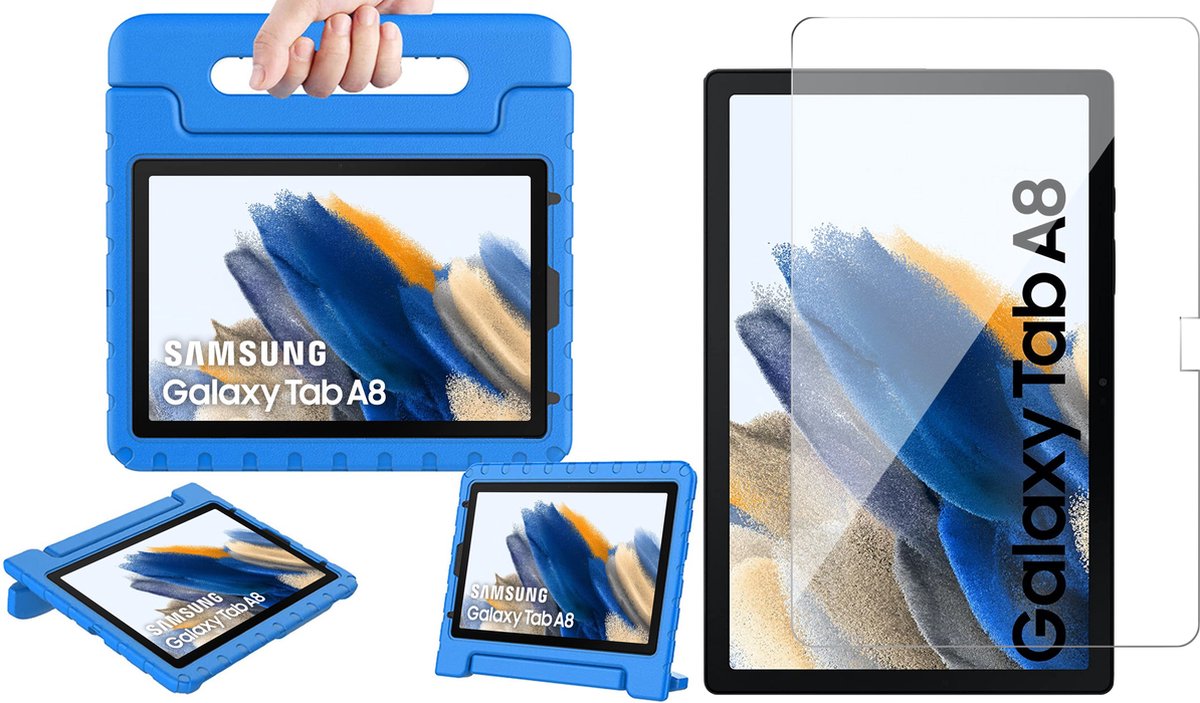 Hoes geschikt voor Samsung Galaxy Tab A8 2021 / 2022 - Screen Protector GlassGuard - Kinder Back Cover Kids Case Hoesje Blauw & Screenprotector