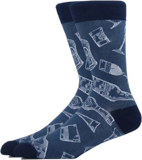 Sokken met drank, flessen & glazen - Blauwe sokken voor heren/dames maat 39/43 - Grappige sokken voor barkeeper, vinoloog, drankliefhebbers