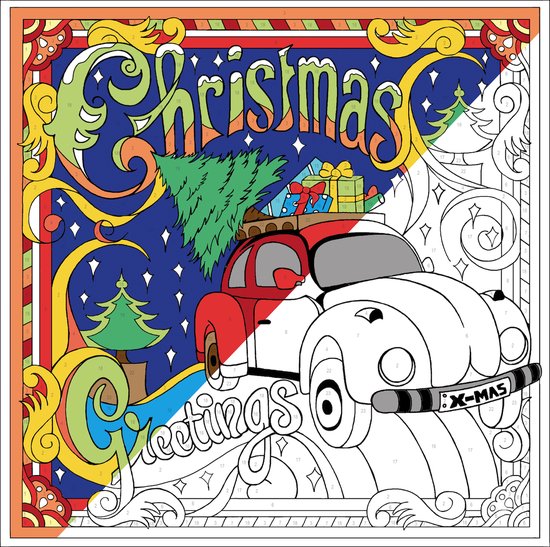 Een rode auto met kerstcadeaus, 'Christmas Greetings' in gekleurde letters. Kerstboom en sneeuw.