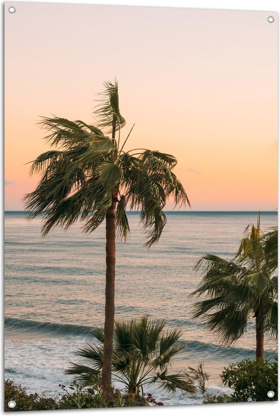 WallClassics - Tuinposter – Hoge Palmbomen bij Zee - 80x120 cm Foto op Tuinposter  (wanddecoratie voor buiten en binnen)