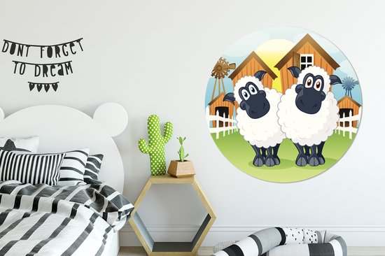 Une illustration de deux moutons devant une ferme. Cercle mural en aluminium ⌀ 140 cm