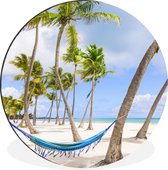 WallCircle - Wandcirkel - Muurcirkel - Blauwe hangmat op strand in Dominicaanse Republiek - Aluminium - Dibond - ⌀ 90 cm - Binnen en Buiten