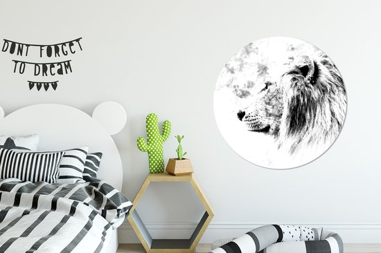 WallCircle - Cercle Mural - Cercle Mural - Lion - Zwart - Wit - Ligne - Aluminium - Dibond - 90x90 cm - Intérieur et Extérieur