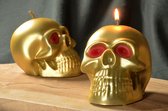 Candles by Milanne, Schedel KAARS in prachtig Goud Metallic met felrode ogen, geheel met de hand gemaakt en fantastich voor feesten zoals Halloween