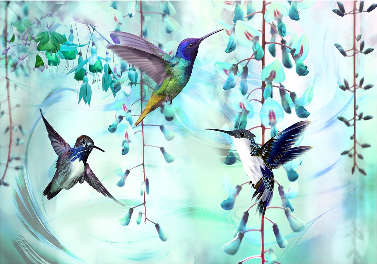 Fotobehangkoning - Behang - Vliesbehang - Fotobehang - Magische Kolibries bij de Bloemen - Kleurrijke Kolibrie - VogelsFlying Hummingbirds (Green) - 400 x 280 cm