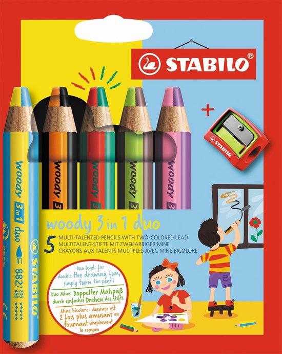 STABILO - Kleurpotlood, waterverf & waskrijt - woody 3-in-1 - 18-delig pakket met puntenslijper en penseel & goud en zilver