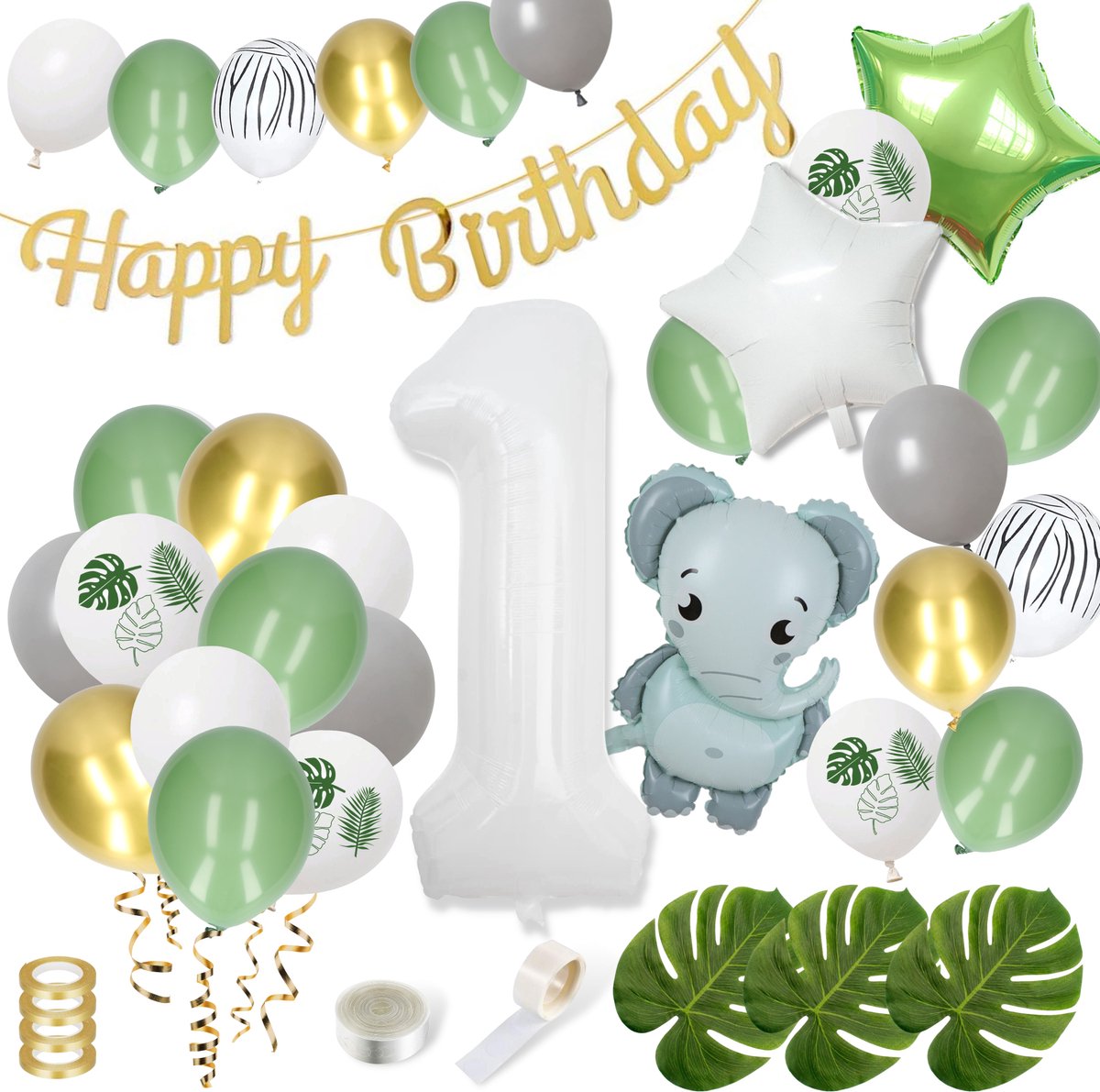 Partizzle Olijfgroene 1 Jaar Verjaardag Versiering - Baby / Kind - Happy Birthday Slinger Decoratie - 1e Helium Latex & Folie Ballonnen - Jongen & Meisje  - Jungle Safari - Partizzle®
