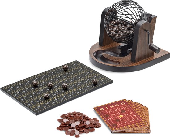 Afbeelding van het spel Navaris compleet bingospel van hout - Herbruikbare bingokaarten, 90 ballen, bingomolen, nummerhouder, fiches - 2 tot 6 spelers - Voor jong en oud
